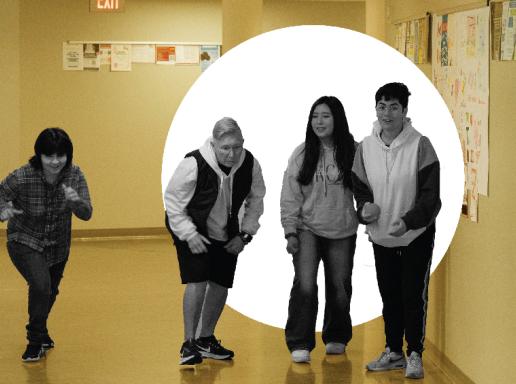 Photo composite of Linda Griffin and students.