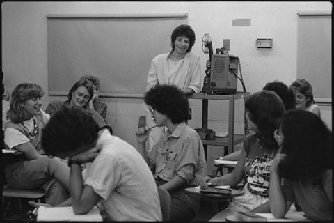 Archival photo of Liane Brandon teaching a class.