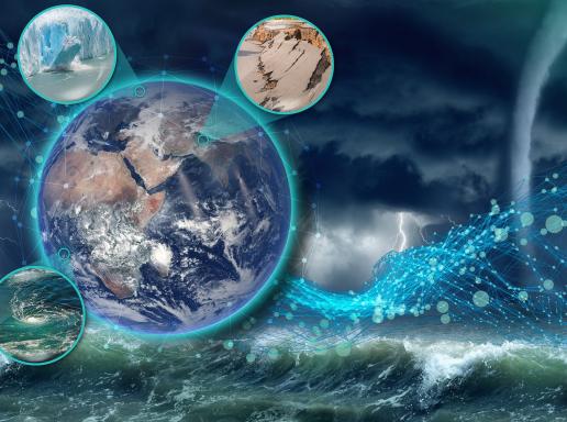 rendering of the earth's surface with various surface magnifications, backdrop of an ocean