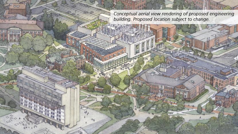conceptual illustration of aerial view of sustainable engineering laboratories building