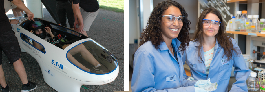 left: MIE supermileage vehicle; Professor Shelly Peyton and grad student in lab