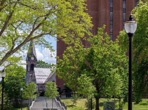 A view of the library and Old Chapel in the spring with lots of green leafy trees. 