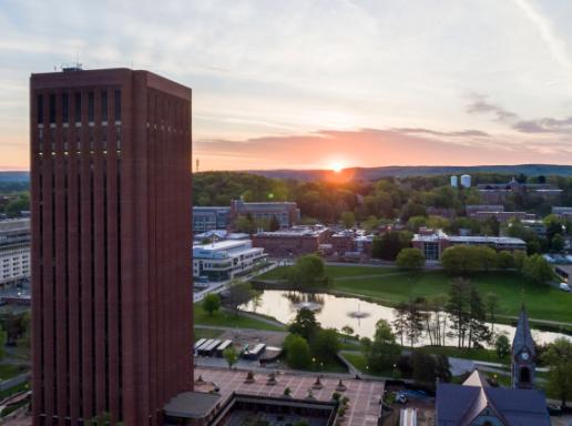 UMass Campus Aerial Photo of Library and Chapel