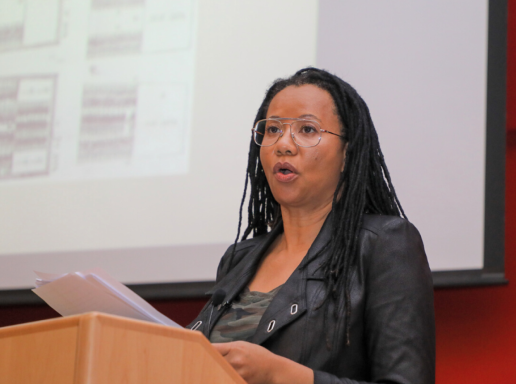 Charmaine Nelson speaks at the University of Massachusetts