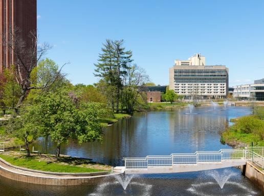 View of the campus pond in Spring