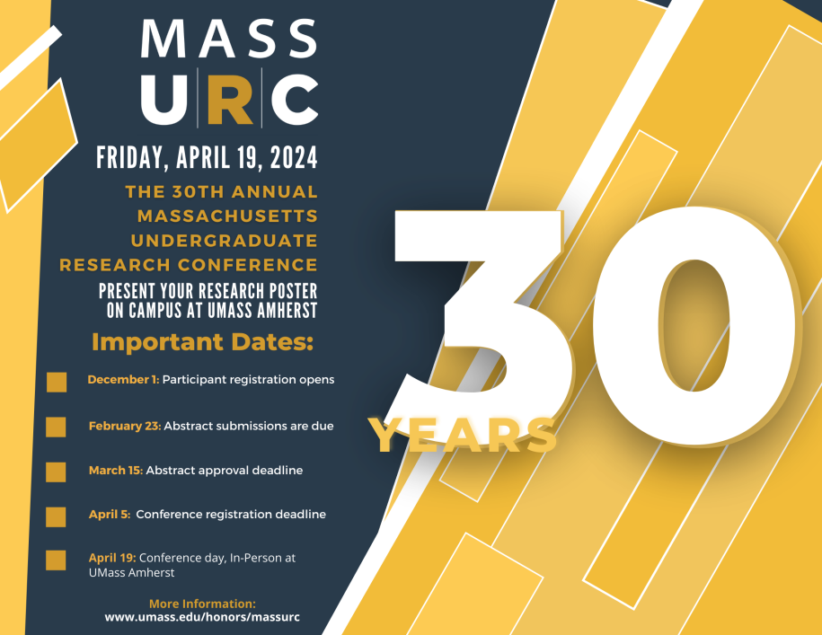 Yellow and blue geometric shapes with text reading: Mass URC, Friday, April 19, 2024, The 30th Annual massachusetts undergraduate research conference, Present your research poster On campus at UMass Amherst, Important Dates: 