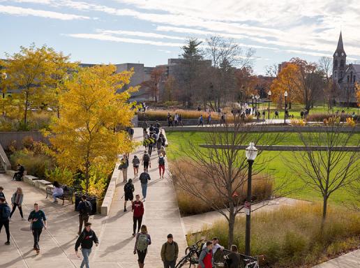 Students walking fall campus
