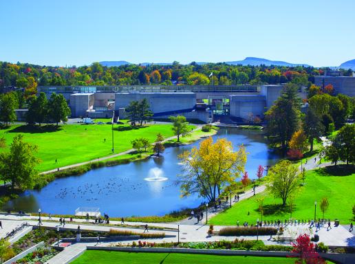 Aerial view of the UMass campus pond