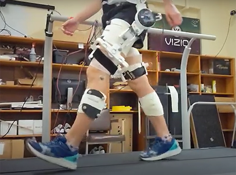 Person walking on a split treadmill wearing a robotic hip exoskeleton prototype