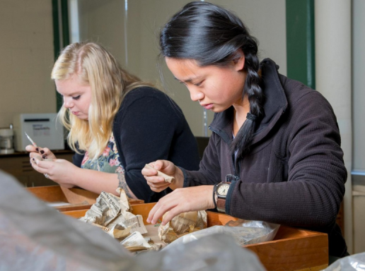Image of two anthropology students inspecting bone fragments in a lab