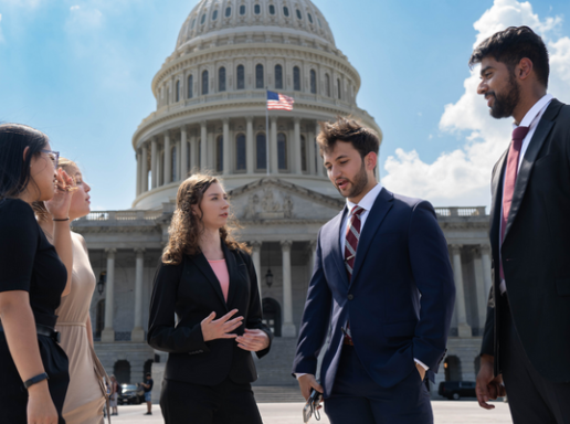 Image of students talking to each other in front of the U.S. Capitol building