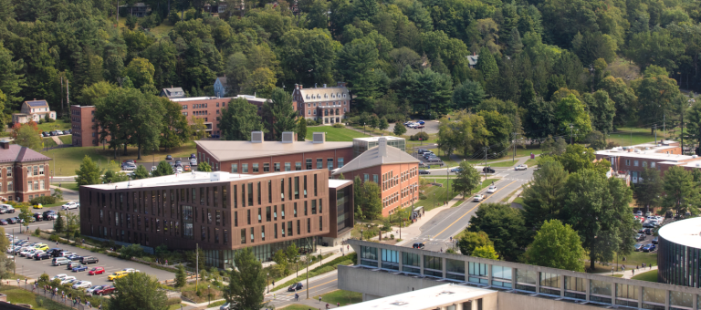 Aerial image of campus focused on the Design Building.