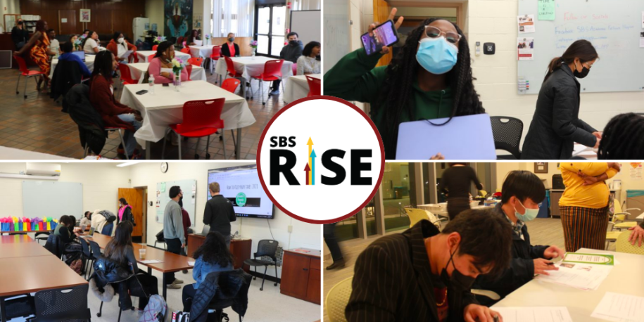 A collage of images featuring SBS RISE students participating in activities, with the SBS RISE logo in the center of the image